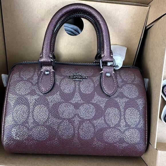 Coach Boxed Set Mini Rowan Crossbody Bag Mirror Charm Signature Canvas Wine NWT - Picture 6 of 13